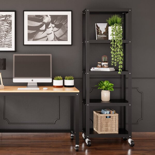 Hirsh 24" x 14" x 72" Black Metal Mobile 5-Shelf Bookcase