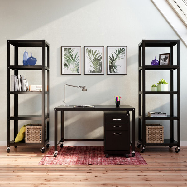 Hirsh 24" x 14" x 72" Black Metal Mobile 5-Shelf Bookcase