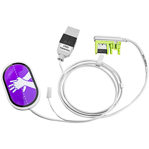 A white and purple Zoll Uni-Padz Training / Demonstration Pad Set cable with green and purple plugs.
