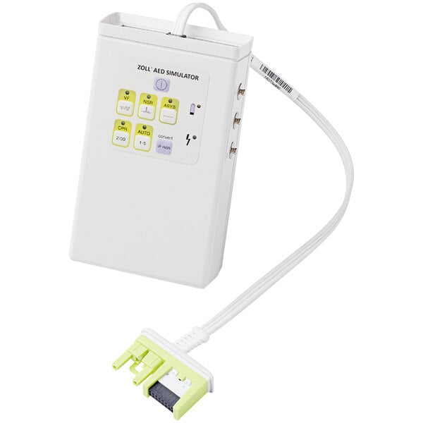 A white Zoll AED Simulator with a green cable.