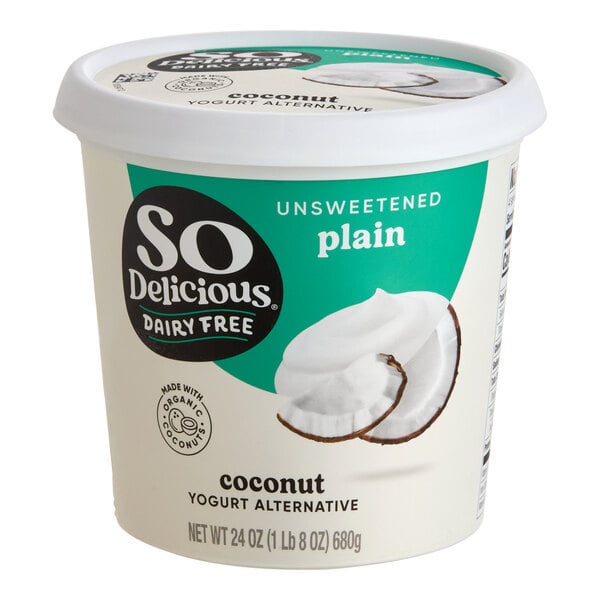 A 24 oz container of So Delicious Dairy-Free Unsweetened Plain Coconut Milk Yogurt Alternative.