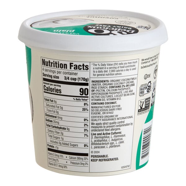 A 24-ounce container of So Delicious Dairy-Free Unsweet Plain Coconut Milk Yogurt Alternative.