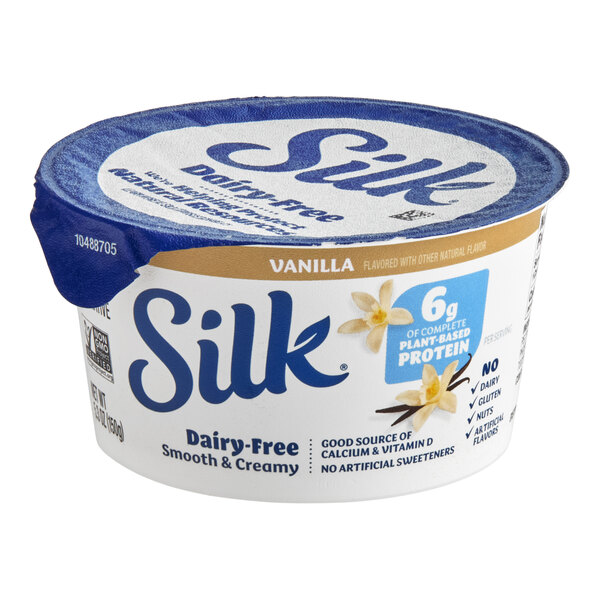 A 5.3 oz container of Silk Dairy-Free Vanilla Soymilk Yogurt Alternative.