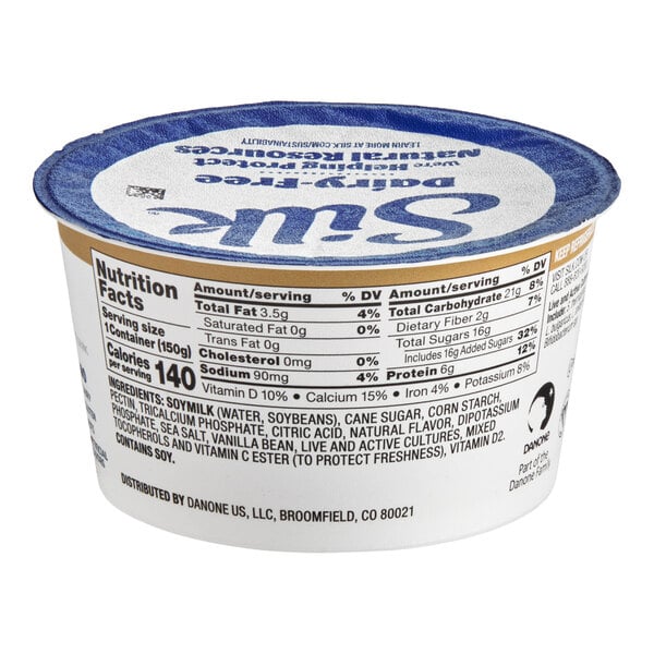 A 5.3 oz container of Silk Dairy-Free Vanilla Soymilk Yogurt Alternative.
