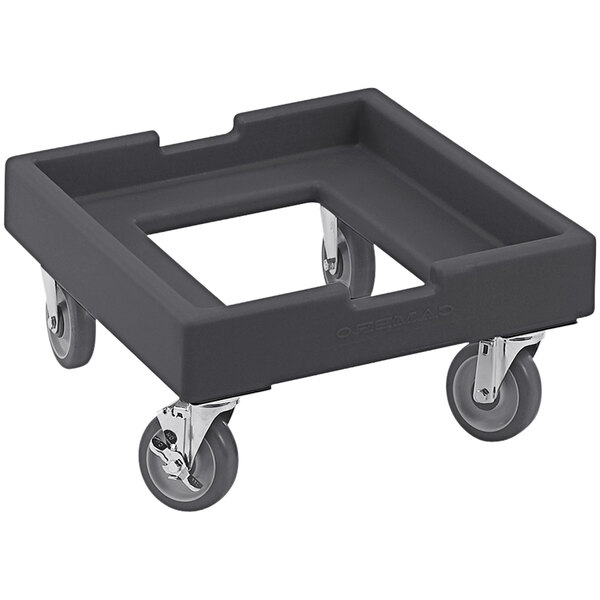 A pearl gray plastic Cambro pizza dough box dolly with wheels.
