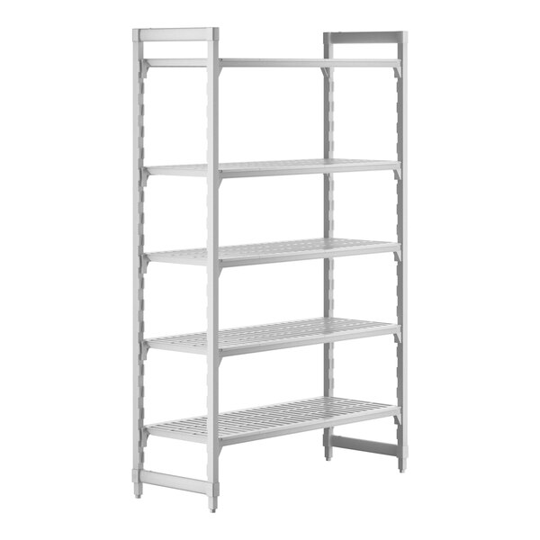 A white Cambro Camshelving® Premium shelving unit with 5 vented shelves.