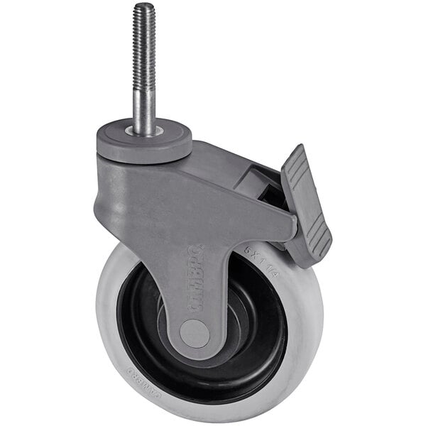 A Cambro Camshelving® mobile castor with a black wheel and metal screw.