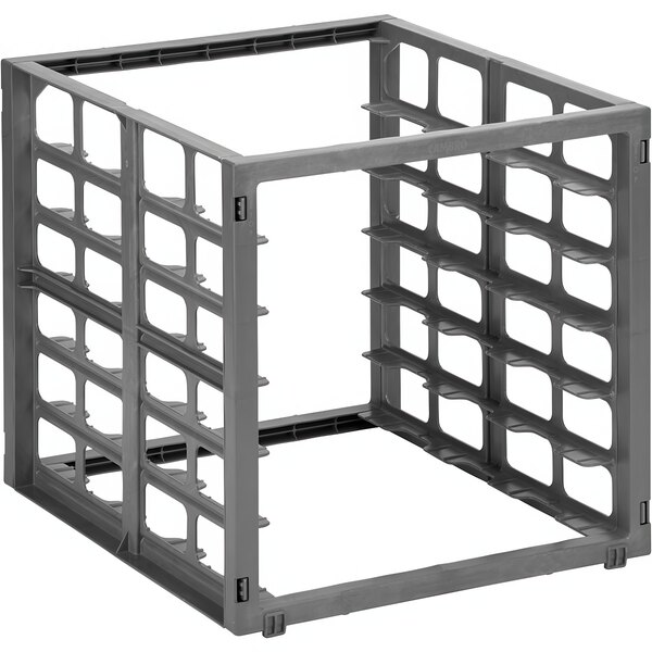 A gray metal Cambro sheet pan rack for single shelves.