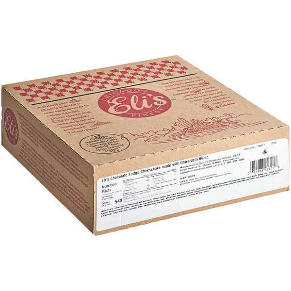A brown Eli's Cheesecake box with a red and white label on a white background.