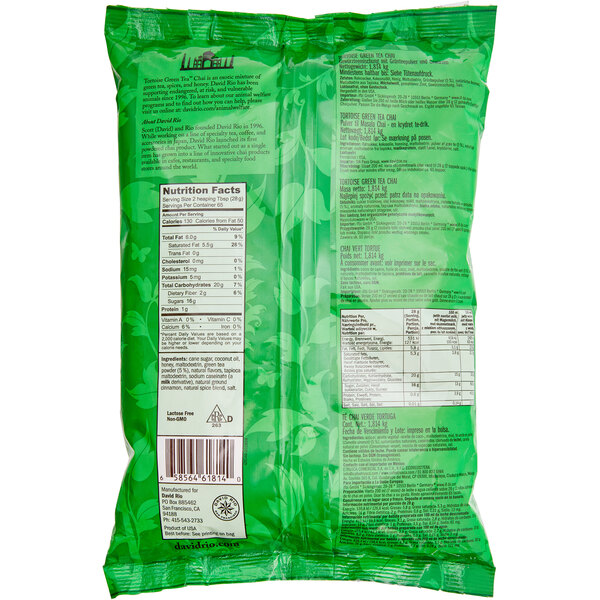 A green bag of David Rio Tortoise Green Tea Chai Latte Mix with white text.