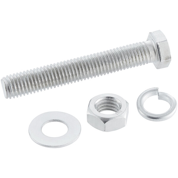 Lancaster Table & Seating replacement hardware for a cantilever metal table bracket, a stainless steel bolt and nut with washer.