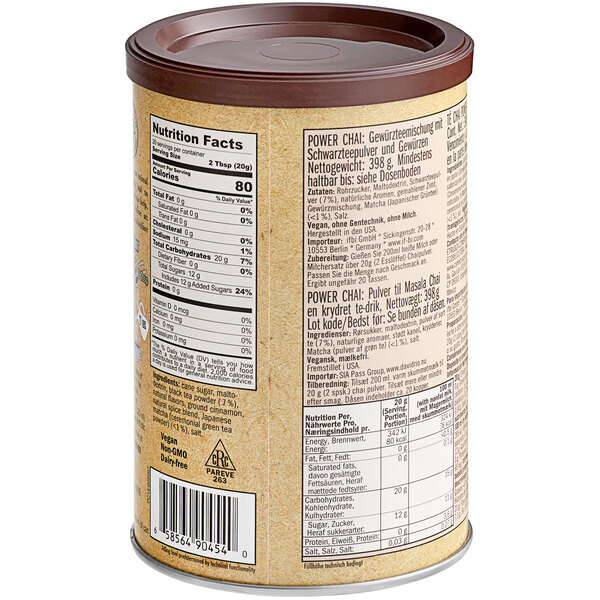 A can of David Rio Power Chai Tea Latte with Matcha Mix with a label.