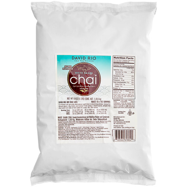 A white bag of David Rio White Shark Chai Tea Latte Mix with a label.