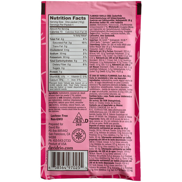 A pink David Rio package with black and white text.