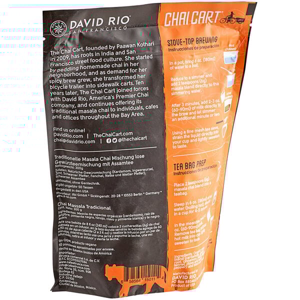 A brown and orange David Rio Chai Cart bag with white text.