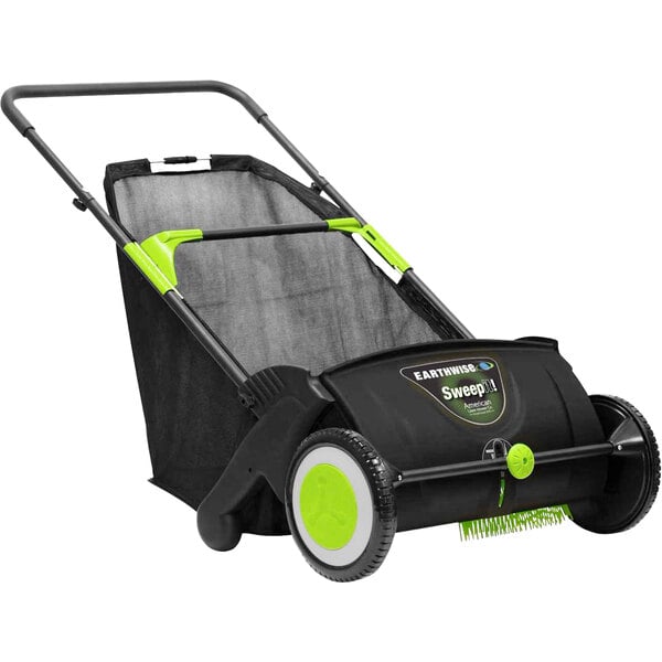 An Earthwise manual push lawn sweeper with a black and green cover.