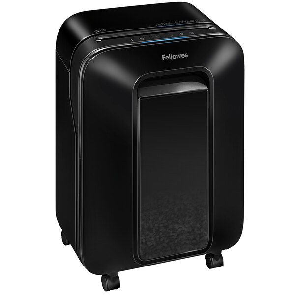 A black Fellowes Powershred LX200 micro-cut shredder with wheels.
