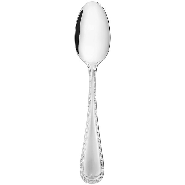 A stainless steel dessert spoon with a handle.