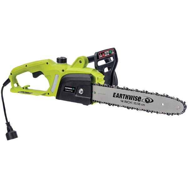 An Earthwise green and black corded electric chainsaw.