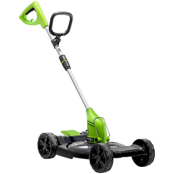 An Earthwise green corded electric lawn mower with black wheels.