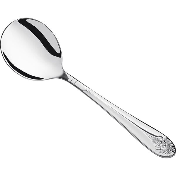 A Libbey Metropolitan stainless steel bouillon spoon with a handle.
