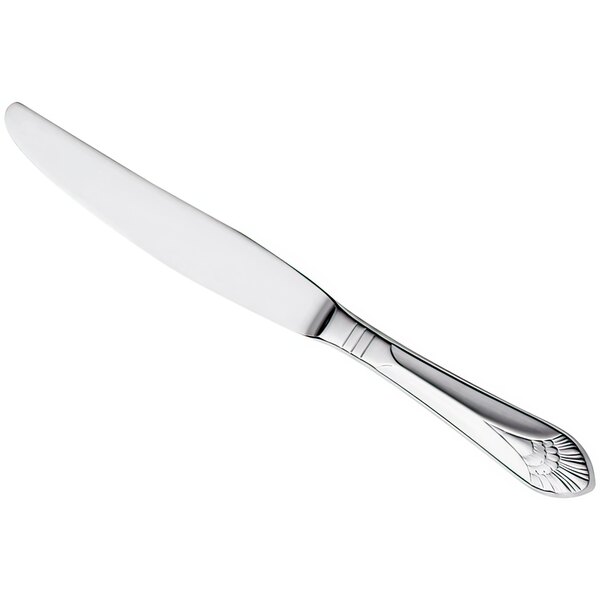 A silver Libbey stainless steel dinner knife with a hollow handle.