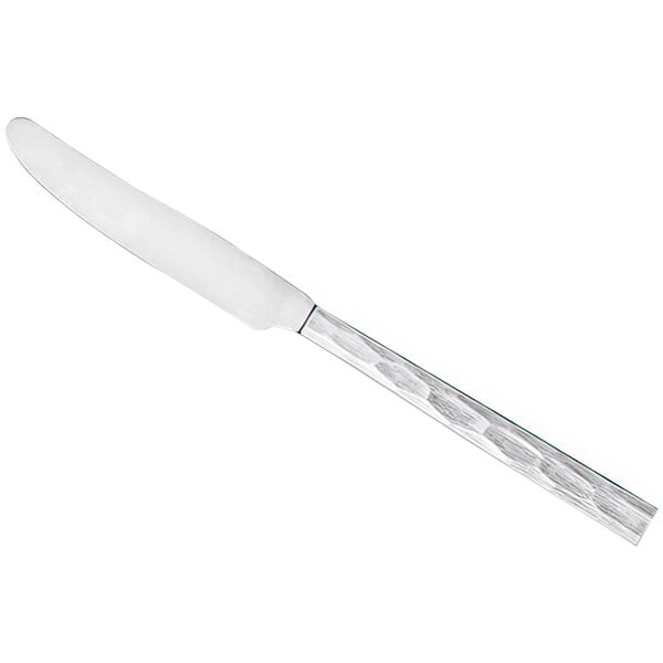 A silver knife with a white handle.