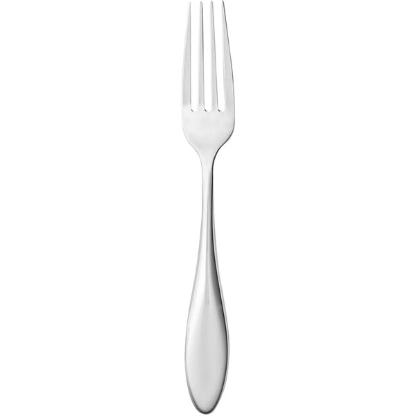 A silver fork with a white handle.