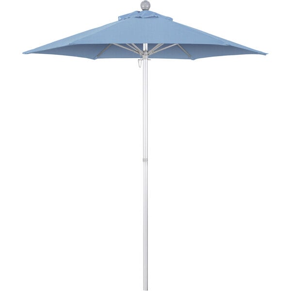 A California Umbrella Summit Series air blue Sunbrella table umbrella with a white background.