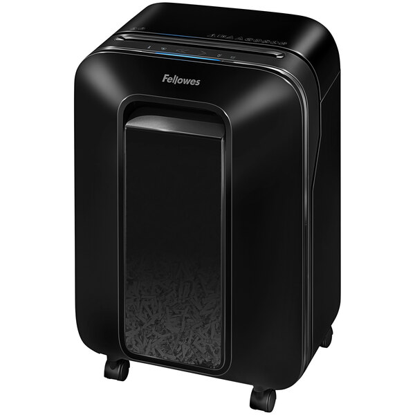 A black Fellowes cross-cut shredder with a black label.