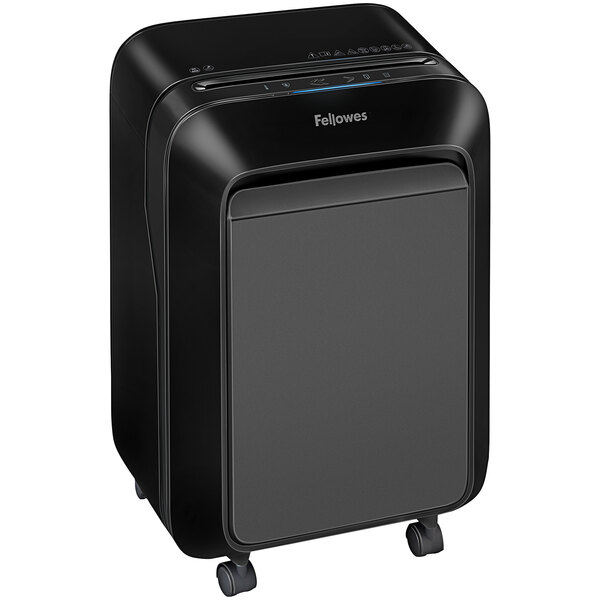 A black rectangular Fellowes micro-cut shredder with a white label.