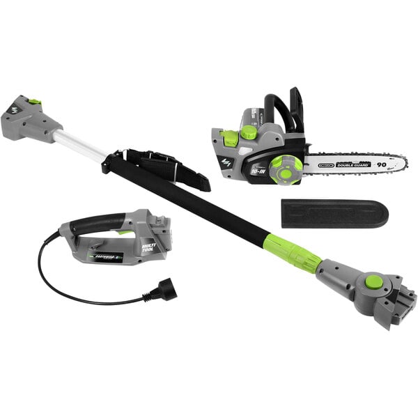 An Earthwise green and black corded electric pole chainsaw with a green pole.