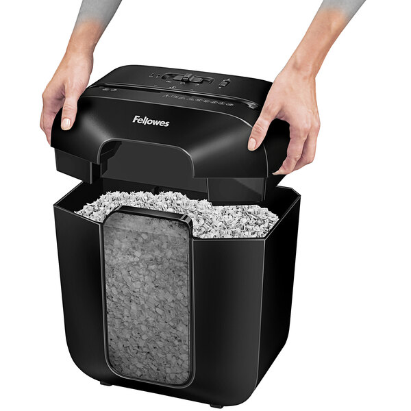 A Fellowes black and white micro-cut shredder.