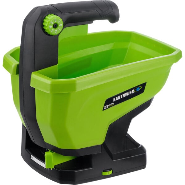 An Earthwise cordless handheld garden spreader on a white background.