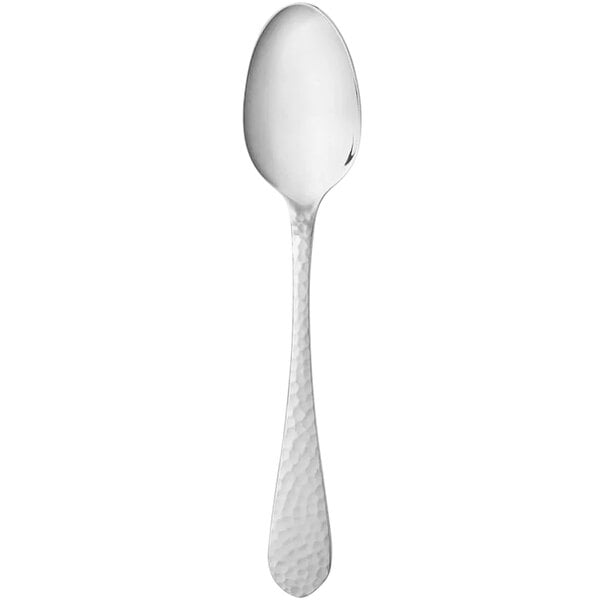 A silver spoon with a white background.