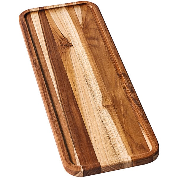 A rectangular teakwood serving tray with a handle.