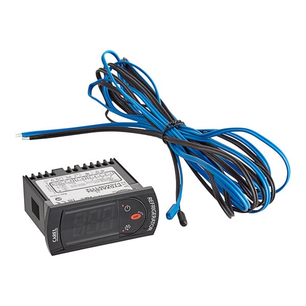 An Avantco Carel controller with black and blue wires attached.