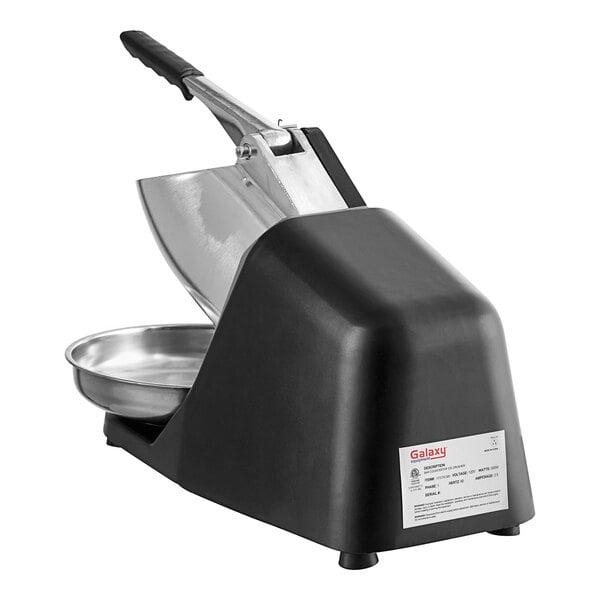 A black and silver Galaxy countertop ice crusher with a bowl.