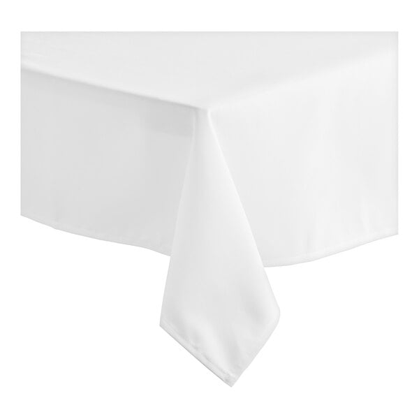 A close up of a white Choice square table cover with a folded edge.