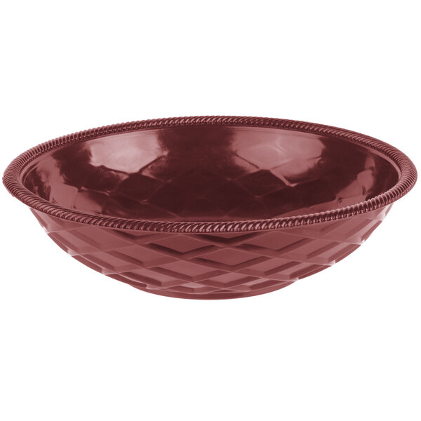 A red polyethylene round weave basket with a braided edge.