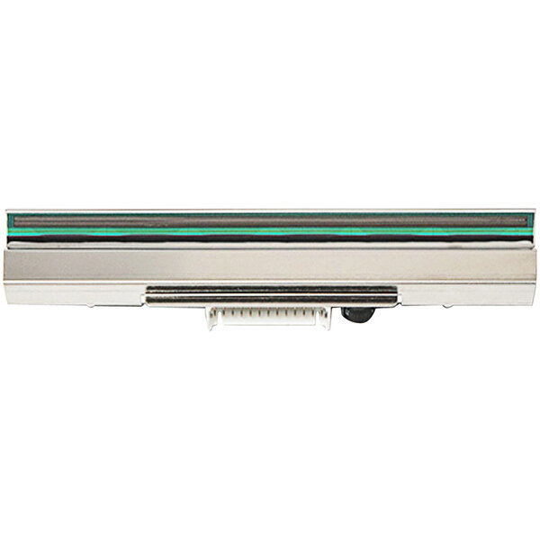 A silver rectangular object with green and white stripes.