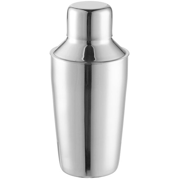 An Acopa stainless steel cobbler cocktail shaker with a lid.