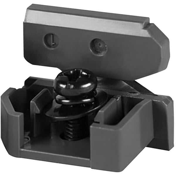 A close-up of a black plastic clip with a black screw on it.