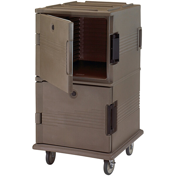 A grey plastic Cambro food pan carrier with an open door.