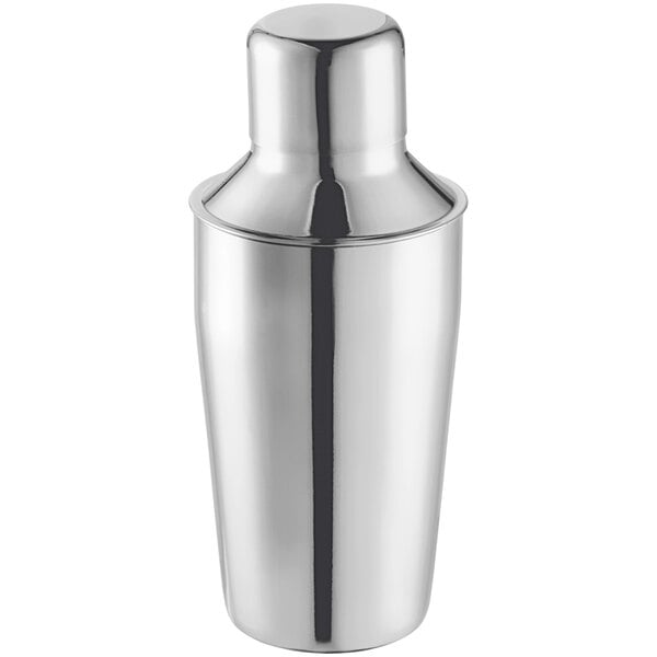 An Acopa stainless steel cobbler cocktail shaker with a lid.