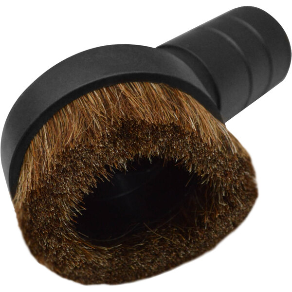 A black circular vacuum dusting brush with brown bristles.