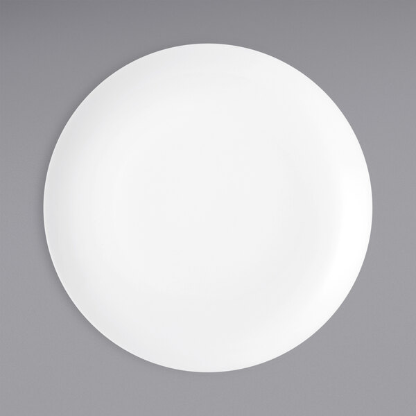 A Oneida Verge warm white porcelain coupe plate with a white rim.