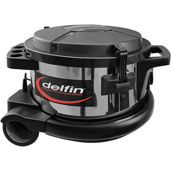 A Delfin Industrial Pro HEPA canister vacuum with a black handle and wheels.