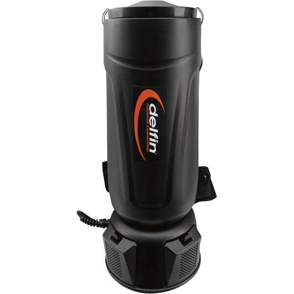 A black Delfin Industrial Pro corded backpack vacuum with white and orange accents.