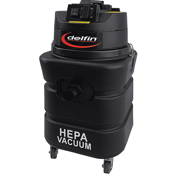 A black Delfin Industrial Pro HEPA vacuum cleaner on wheels with red and white labels.